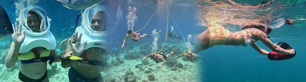 Collage de fotos de cascos Sea TREK, buceo guiado y un scooter submarino