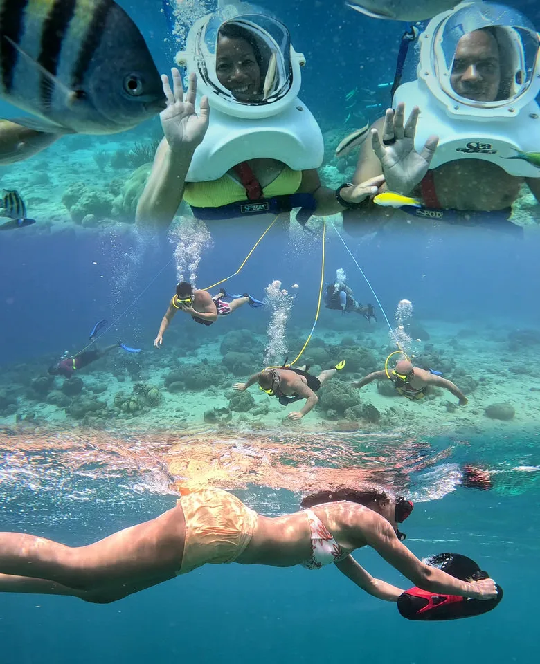 Collage de fotos de caminatas con casco, buceo guiado y un scooter submarino