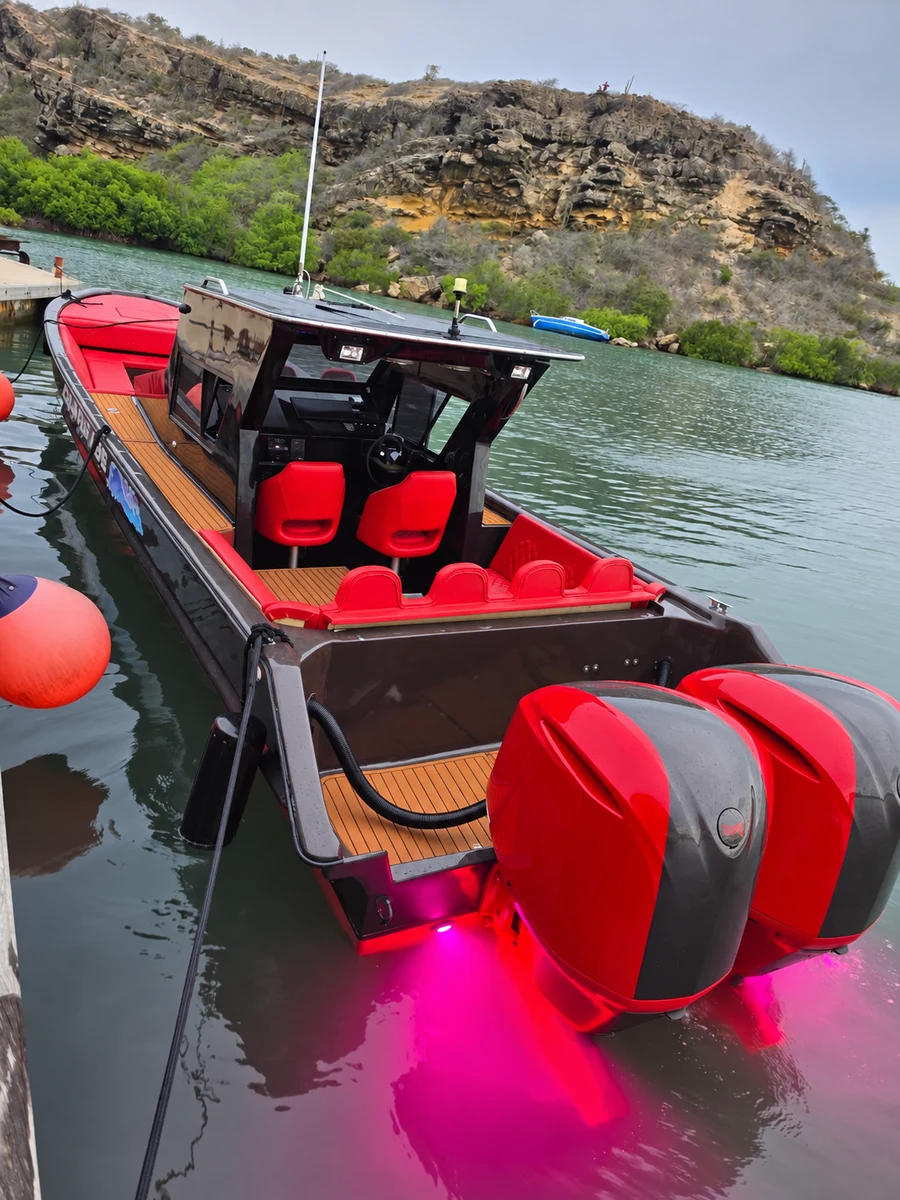 Our striking red boat, shown in full with its twin motors and illuminated stern.