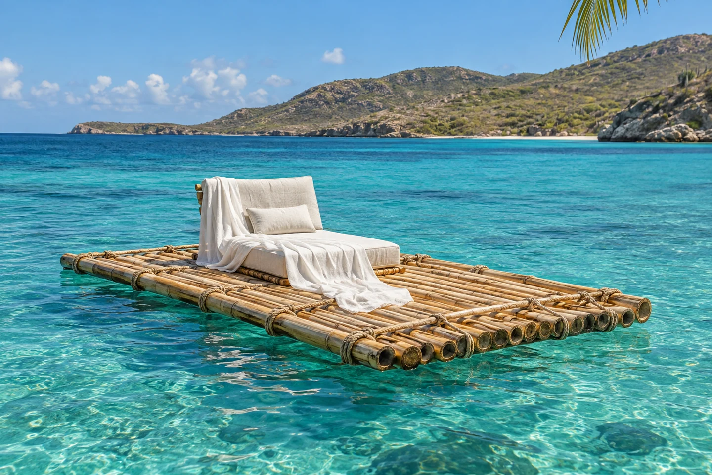 Illustrative bamboo raft photoshoot concept on turquoise water; not a verified photograph of Caracasbaai.